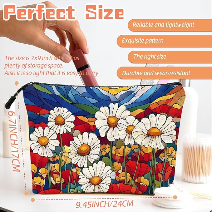 Cosmetic Bags Travel Makeup Toilet Case Waterproof Pouch for Women Girls 6.7X9.45inches - Stained - Glass Style Landscape With Daisies And Poppies