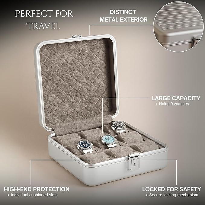 Bey-Berk Prague Aluminum Watch Case in Silver – 9-Slot Locking Travel Box - Image 3
