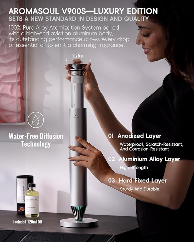 Waterless Scent Diffuser Starter Kit - 1500 Sq Ft Coverage, Alloy Atomization System,Mood Light,Smart Rechargeable Hotel Scent Diffuser, Including 120ml Essential Oil, for Home,Large Room,Spa,Silver