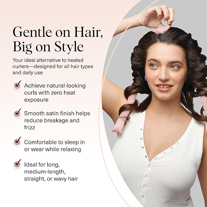 Kitsch Satin Heatless Curlers Set – Heatless Curls Overnight with 34" Hair Curler & 2 Satin Scrunchies, Comfortable No Heat Hair Curlers to Sleep In for Frizz-Free & Non-Damage Styling - Micro Dot
