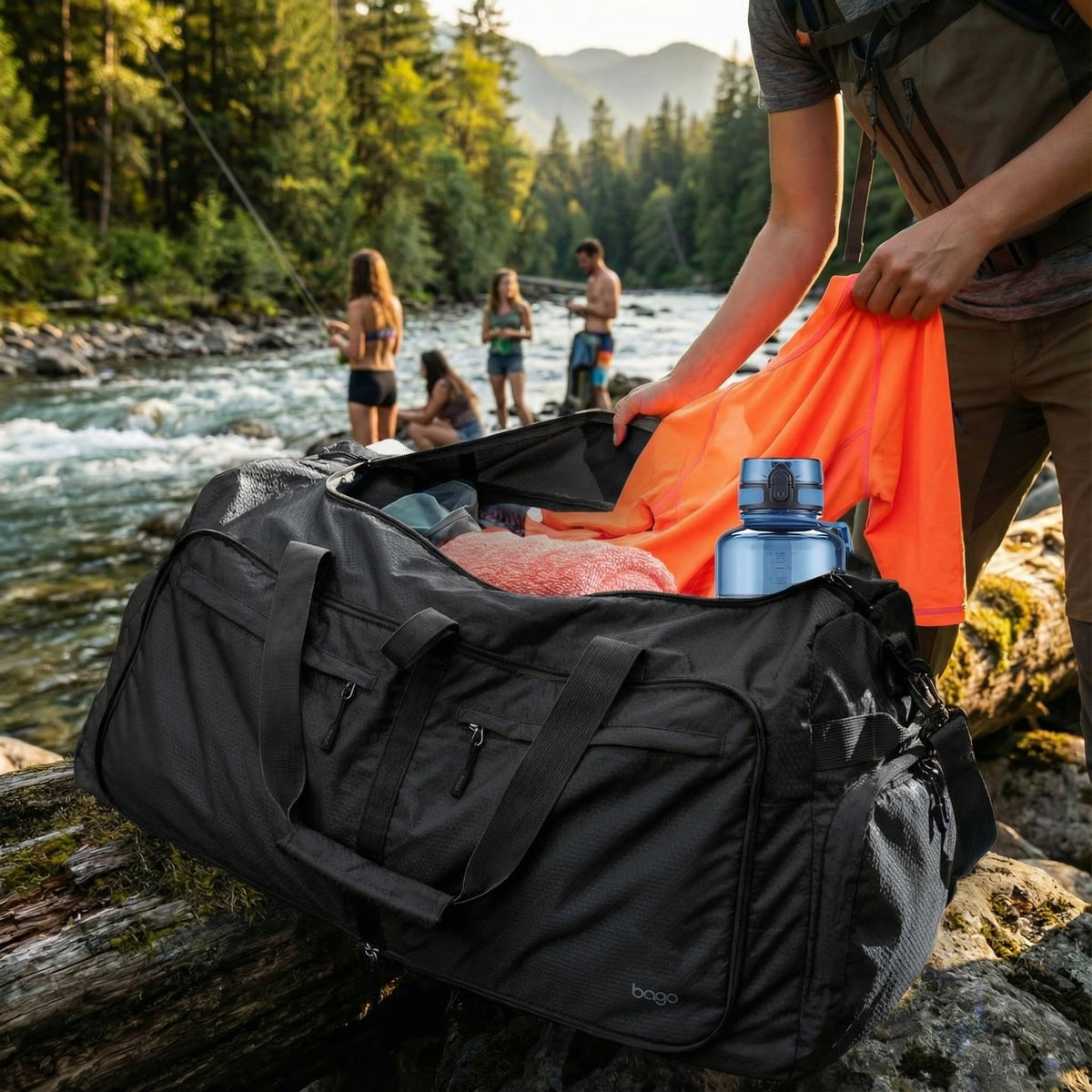 Travel Duffle Bag for Women & Men. Large Duffel Bag for Traveling Camp (100L / All Black)