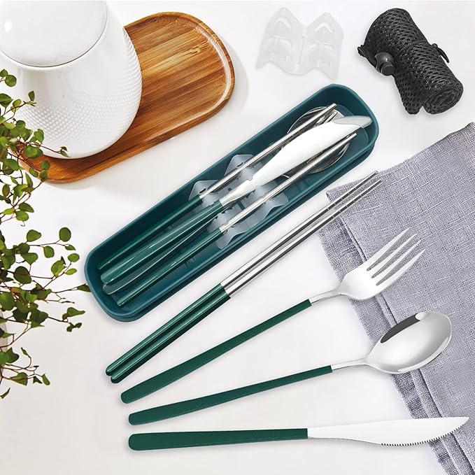 Portable Travel Camping Cutlery Set, TWUTGAYW Silver Green Reusable Flatware - Image 5
