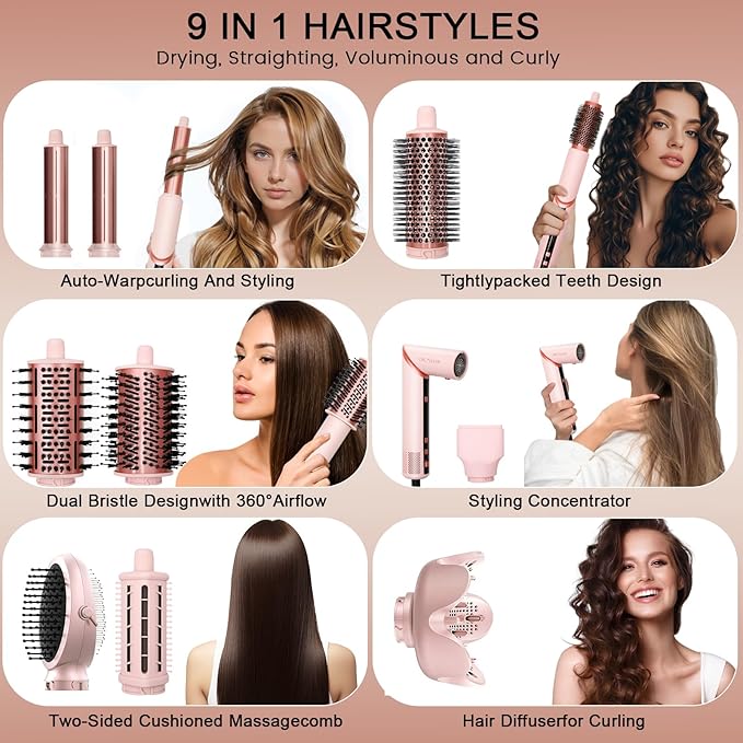 9 in 1 Hot Air Styler Wrap, High-Speed Hair Dryer Brush with Auto Wrap Curlers, Foldable Ionic Blow Dryer Brush for Fast Drying, Smoothing & Volumizing, Multi-Styling Tools (Gifts for Women)