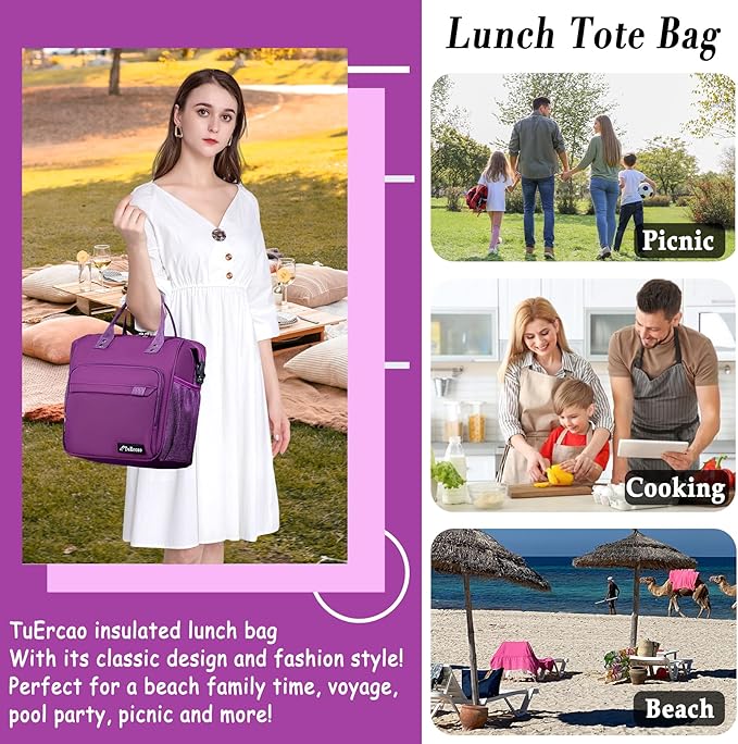 Purple Lunch Box for Women Insulated Lunch Bag Fits Bento Boxes, Snack and Foods - Image 9