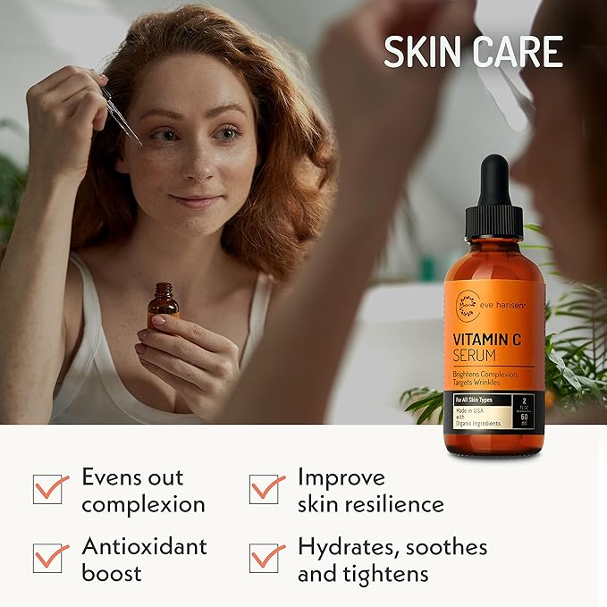 Eve Hansen Vitamin C Facial Serum - 76% Organic Antioxidant Serum for Face with Hyaluronic Acid, Vitamin E, and Aloe Vera - Hydrating and Rejuvenating Skin Care 2 Oz