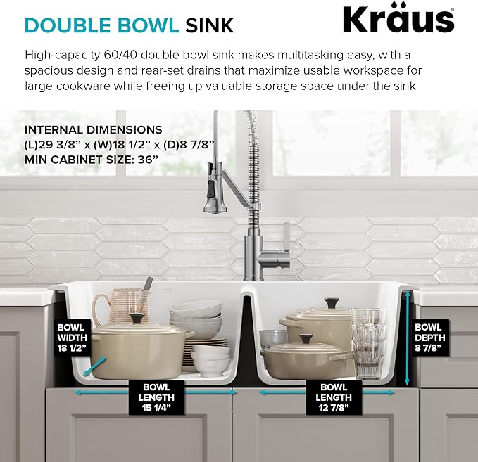 KRAUS Forteza 33-inch Granite Drop In/Undermount 60/40 Double Bowl White - Image 4
