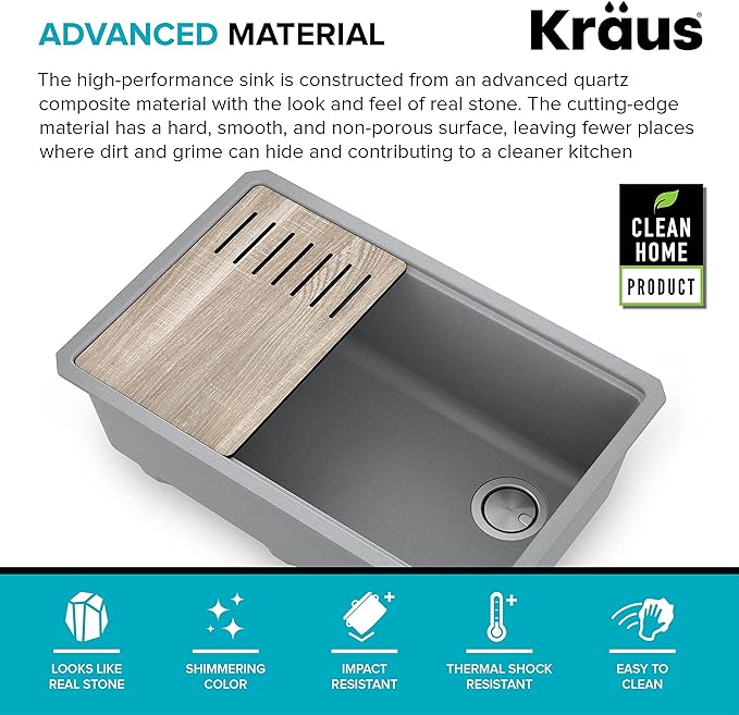 KRAUS Kitchen Sink Bellucci 29” Undermount Workstation Granite, Metallic Gray - Image 7