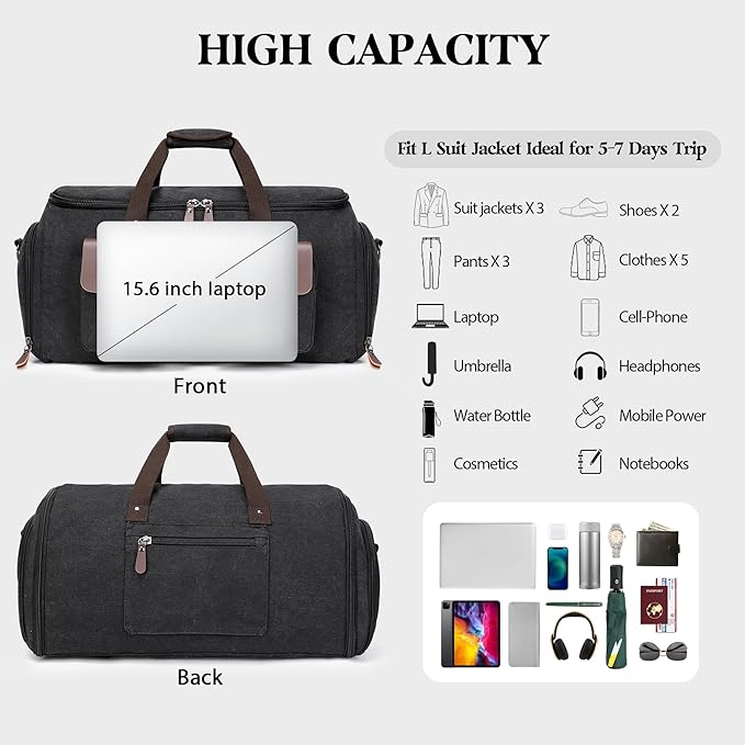 Canvas Garment Bags for Travel, Convertible Carry On Garment Duffel Bag for Men - Image 5