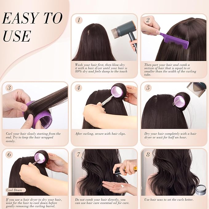 obeoby 4 Sizes Rollers Hair Curlers, 50 Pcs Set Jumbo Hair Rollers 25mm 36mm 48mm 60mm Self-Grip Hair Rollers with Clips, Curlers for Women Long, Short Hair and Bangs (Purple)