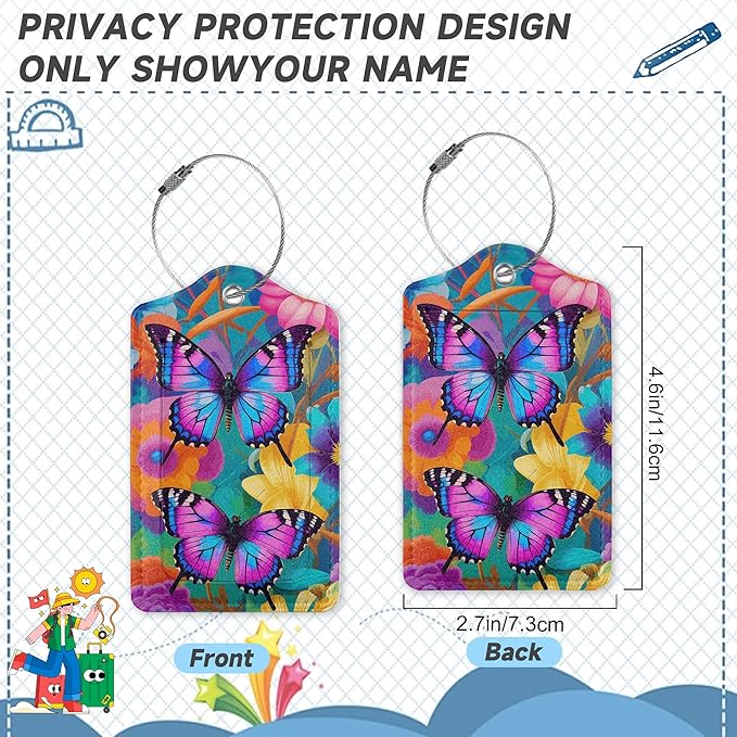 2 Pack Luggage Tag for Suitcase, Groovy Flowers Butterflies Leather Suitcase - Image 2