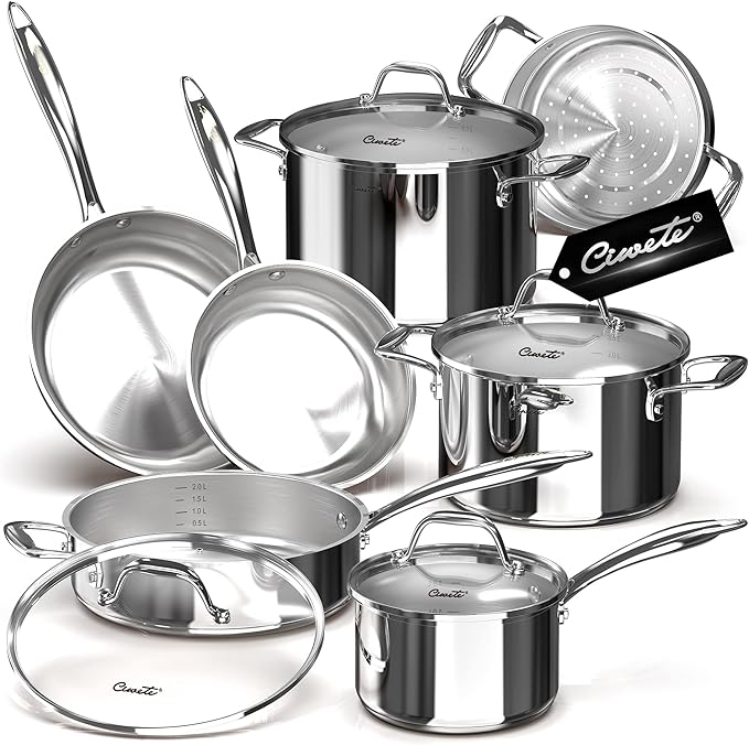 Tri-Ply Stainless Steel Pots and Pans Set 11-PC, 18/10 Stainless Steel by Ciwete