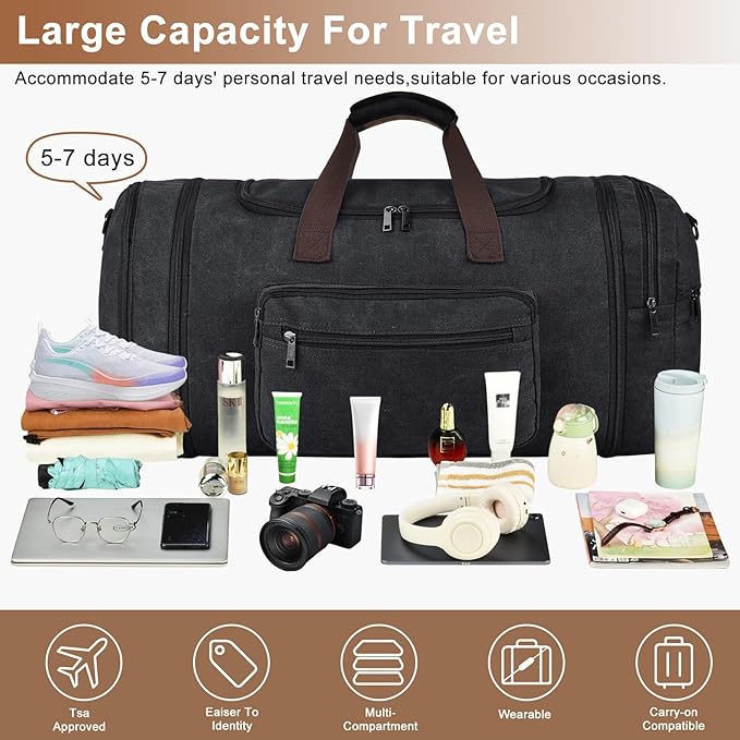 Felipe Varela 60L Duffle Bag for Men, Large Canvas Expandable Duffle Bag for - Image 4