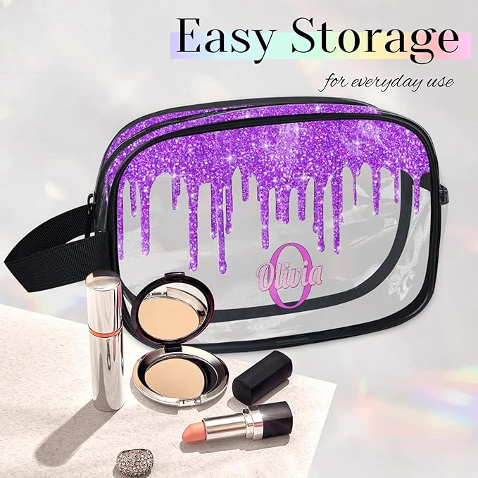 Personalized Name Clear Toiletry Bag, Large Travel PVC Cosmetic Bag Portable Makeup Organizer Bag for Women Bathroom Shower Essentials, Dark Voilet Purple Fluid Shape Glittering