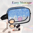 Personalized Travel Transparent Cosmetic Bag Waterproof Makeup Bags, Custom Name Light Sky Blue Curtain Glittering Romantic Organizer Case Clear Toiletries Container Bag