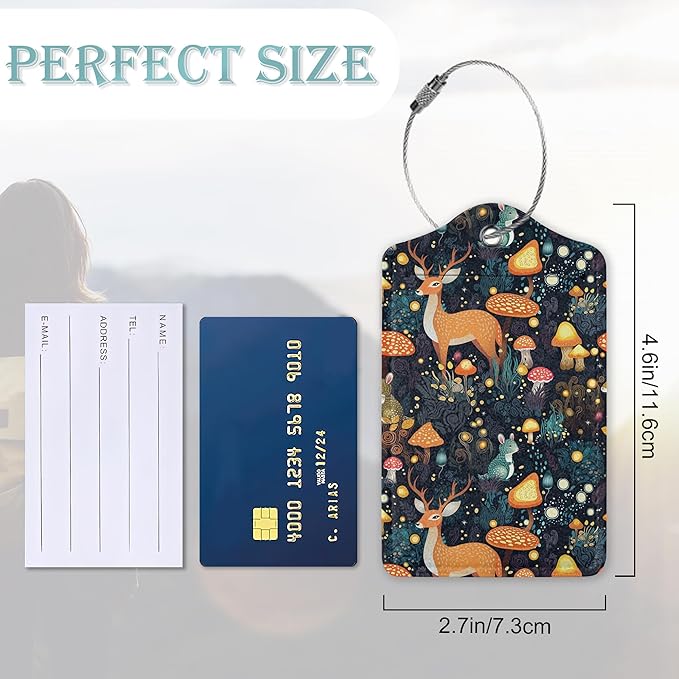 2 Pack Mushrooms Luggage Tag for Suitcases Deer Forest Animal PU Leather Bag - Image 3