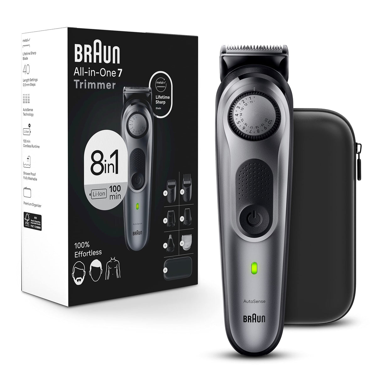 All-in-One Style Kit Series 7 7410, 8-in-1 Trimmer for Men with Beard Trimmer, Body Trimmer for Manscaping, Hair Clippers & More, Sharpest Blade, 40 Length Settings, Waterproof (Silver / 9 Piece Set)