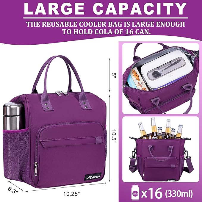 Purple Lunch Box for Women Insulated Lunch Bag Fits Bento Boxes, Snack and Foods - Image 2