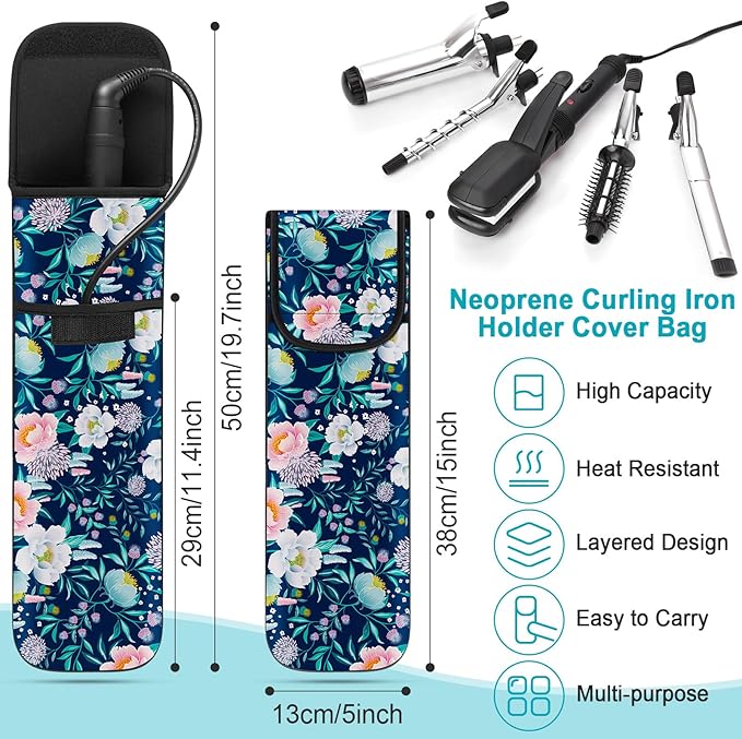 Shappy 2 Pcs Heat Resistant Hair Tools Bag Curling Iron Travel Case Cover Neoprene Flat Iron Holder Travel Case and Silicone Mat Pouch for Hot Hair Tools Storage Organizer(Flower Style)