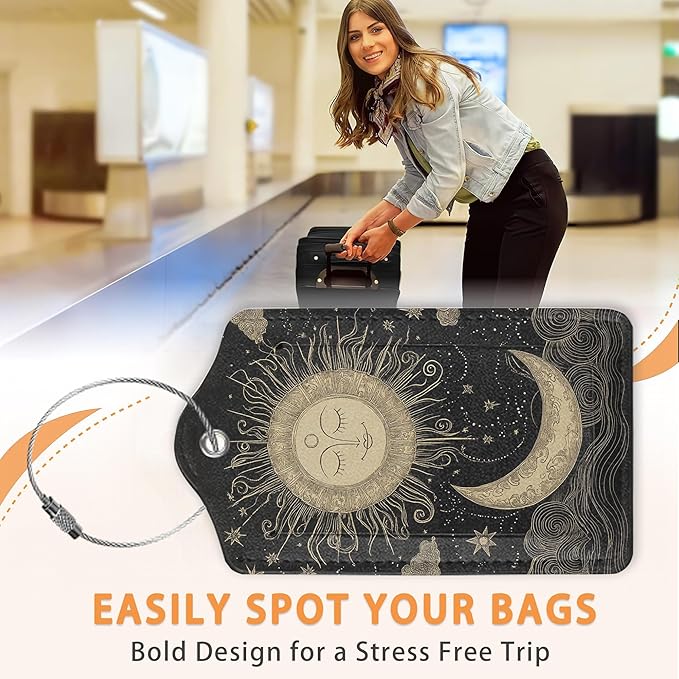 Vintage Boho Sun and Moon 3 PCS Luggage Tags, Leather Suitcase Tags - Image 4