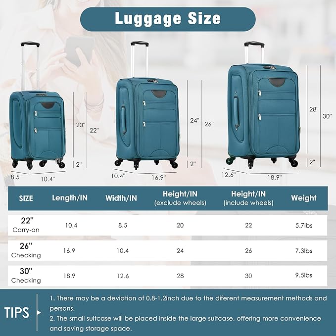 Merax Softside Luggage Set Softshell Lightweight 3 Piece Spinner Suitcase - Image 2