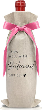 Cute Pink Bow Ribbon Engagement Gift Wine Bag - 1 PCS Bride to Be Gifts for Bridesmaids Bride and Groom Couples Her Him Will You Be My Bridesmaid for Getting Married Engagement Bridal Shower - A50