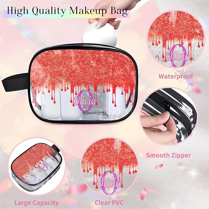 Custom Travel Clear Cosmetic Bag with Name, Personalized Large Capacity Weekend PVC Transparent Toiletry Bag Portable Bathroom Makeup Organizer, Red Curtain Glittering
