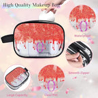 Custom Travel Clear Cosmetic Bag with Name, Personalized Large Capacity Weekend PVC Transparent Toiletry Bag Portable Bathroom Makeup Organizer, Red Curtain Glittering