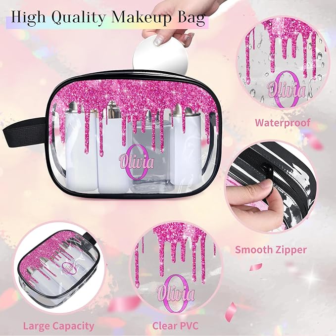 Custom Name Transparent Makeup Bag Travel, Clear Toiletry Bag Travel Large Capacity PVC Cosmetic Container Organizer for Shampoo, Deep Pink Water Fluid Shape Glittering