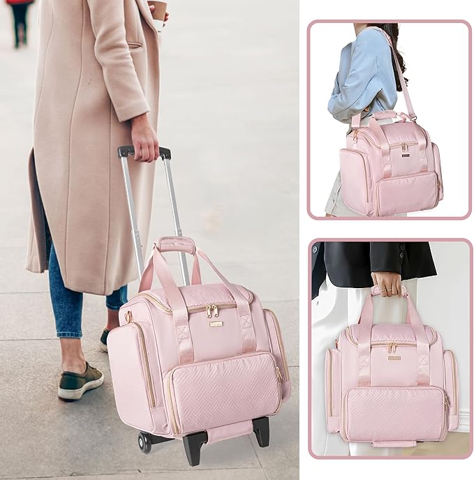 Rolling Makeup Case with 4 Removable Bags, Professional Makeup Train Case with Wheels, Makeup Artist Travel Bag with Brushes Storage Section, Pink (Patent Design)