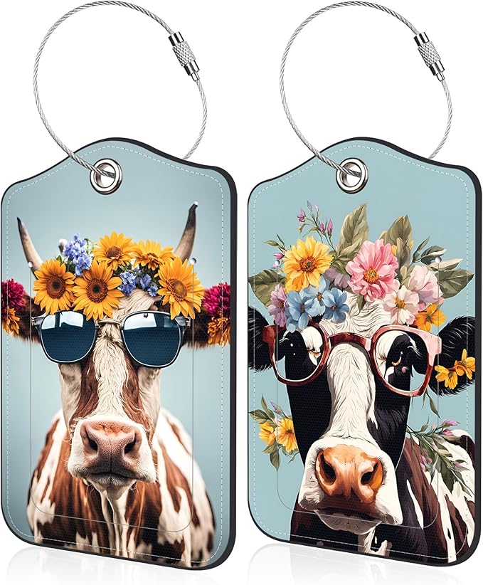 2 Pack Luggage Tag for Suitcase Cool Cow in Sunglasses Leather Travel Cruise by Unknown
