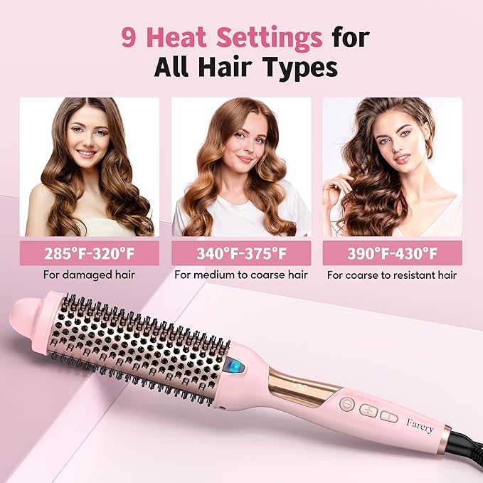 Farery Thermal Brush Extra Long Barrel, 1.5 Inch Hot Curling Wand for Big Bouncy Curls, Non-Blowing Heated Round Brush, Ceramic Curling Wand for Medium & Long Hair, 9 Adjustable Temps, Dual Voltage