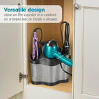 Polder Style Station, Organization for Styling Tools: Hair Dryers,Curling Irons, Straighteners, Brushes, Hang Over Towel Rack, Store Undersink or in Drawer, Black and Silver