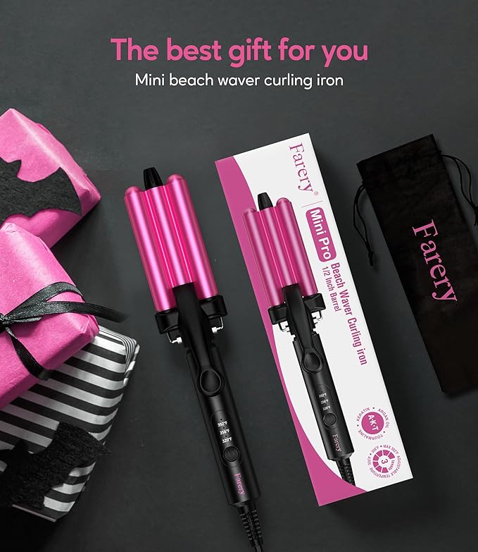 Farery Mini 3 Barrel Hair Waver - Portable Beach Wave Curling Iron for Short Hair, 1/2 Inch Ceramic Crimper with 3 Temp Settings & 30s Fast Heating, Dual Voltage Travel Hair Waver for Women, Pouch Bag