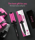Farery Mini 3 Barrel Hair Waver - Portable Beach Wave Curling Iron for Short Hair, 1/2 Inch Ceramic Crimper with 3 Temp Settings & 30s Fast Heating, Dual Voltage Travel Hair Waver for Women, Pouch Bag