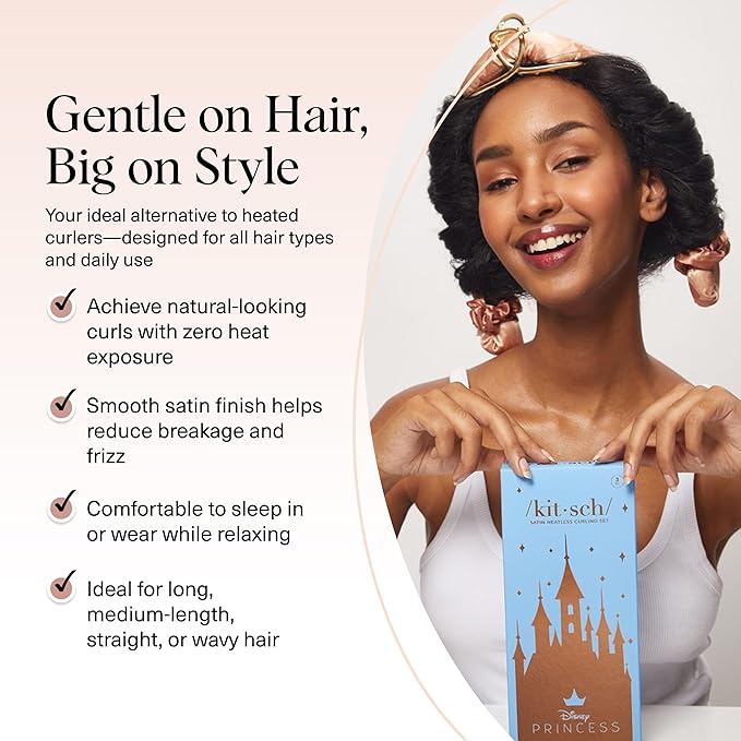 Disney & Kitsch Satin Heatless Curlers Set – Heatless Curls Overnight, with Comfortable No Heat Hair Curlers to Sleep In and 2 Satin Scrunchies for Frizz-Free & Non-Damage Styling - Princess Party