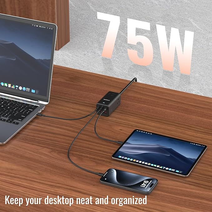 NENJI 75W GaN USB-C Super Fast Charging Station, 8-in-1 Power Strip - Image 7