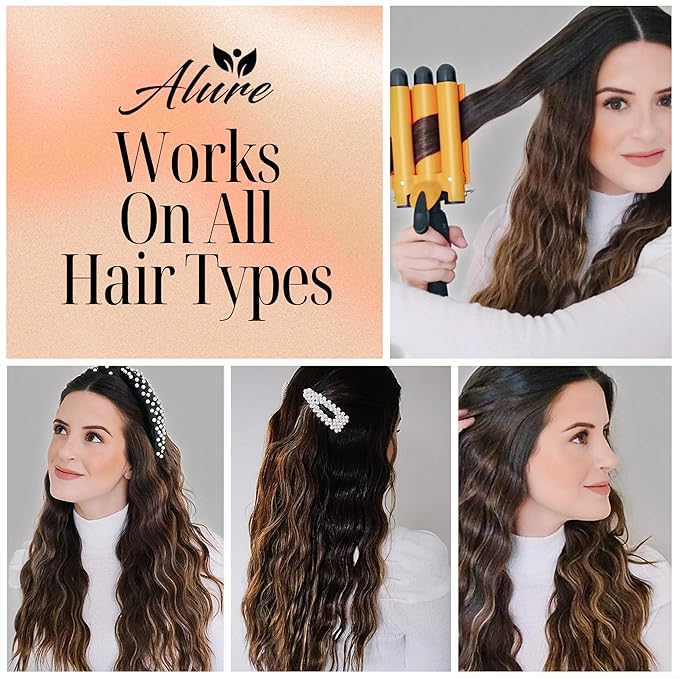 Alure Three Barrel Curling Iron Wand Hair Waver with LCD Temperature Display - 1 Inch Ceramic Tourmaline Triple Barrels, Dual Voltage Crimp (zGold)