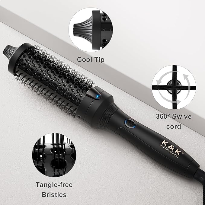 K&K Thermal Brush, Blowout Boost Ionic Round Heated Hot Brush, to Make Hair Smoother & Shinier, Easy to Use, Not for Blow Drying, 38mm Barrel,Dual Voltage, US Plug, Jet Black
