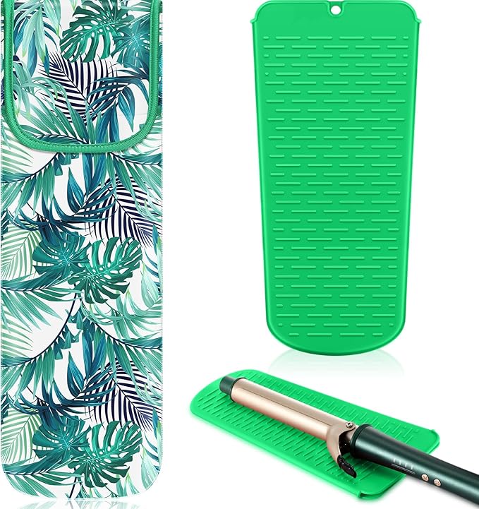 Shappy 2 Pcs Heat Resistant Hair Tools Bag Curling Iron Travel Case Cover Neoprene Flat Iron Holder Travel Case and Silicone Mat Pouch for Hot Hair Tools Storage Organizer(Frond Style)
