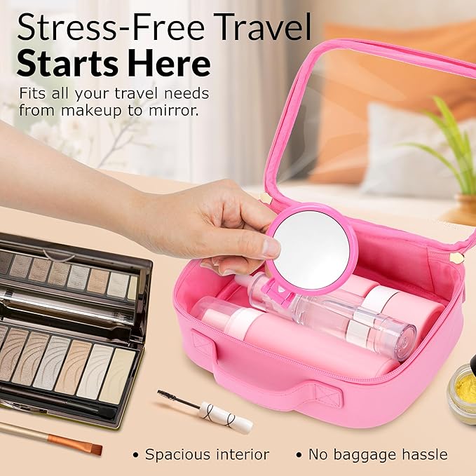 Pink Makeup Cosmetic Bag, Travel Toiletry Bag, Cute Makeup Pouch, Transparent Travel Case, Clear Front, Waterproof and Quart Size Bag, Best Gift for Girls, Teens, Women