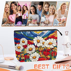 Cosmetic Bags Travel Makeup Toilet Case Waterproof Pouch for Women Girls 6.7X9.45inches - Stained - Glass Style Landscape With Daisies And Poppies