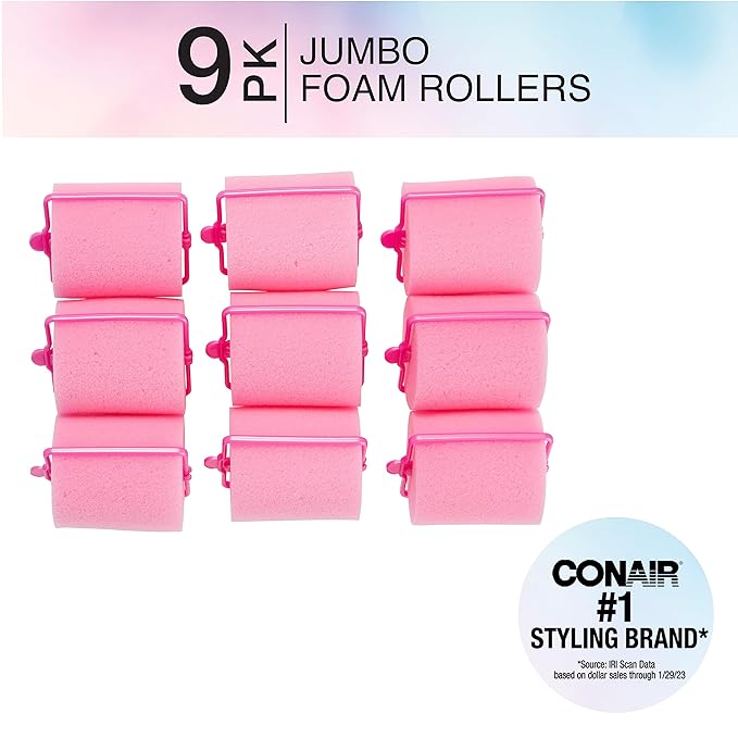 Conair Foam Hair Rollers for Big Volume, Lift and Curl, Foam Rollers, Hair Curlers in Large Size, Pink, 9 Pack with Storage Bag