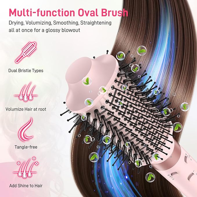MESCOMB Dual Voltage Hot Air Styler Wrap - 5 in 1 Hair Dryer Brush with Fast Drying Blow Dryer, Styling, Straightening & Volumizing with Travel Bag (100V–240V) -Pink