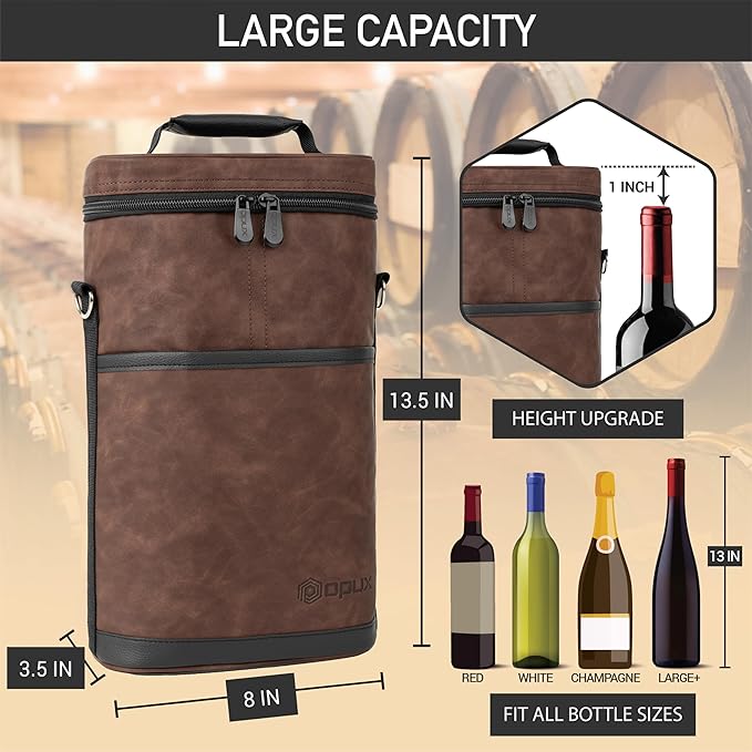 opux 2 Bottle Wine Carrier Tote, Insulated Leakproof Wine Cooler Bag, Wine - Image 3