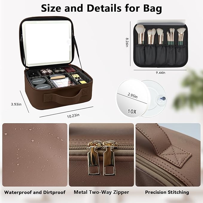 Travel Makeup Bag with LED Mirror and 10x magnifying glass with 3 Lighted - Image 5
