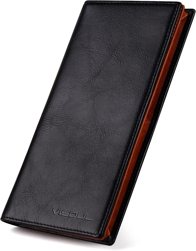 VISOUL Mens Leather Long Bi-fold Checkbook RFID Blocking Wallets, Breast Pocket by VISOUL