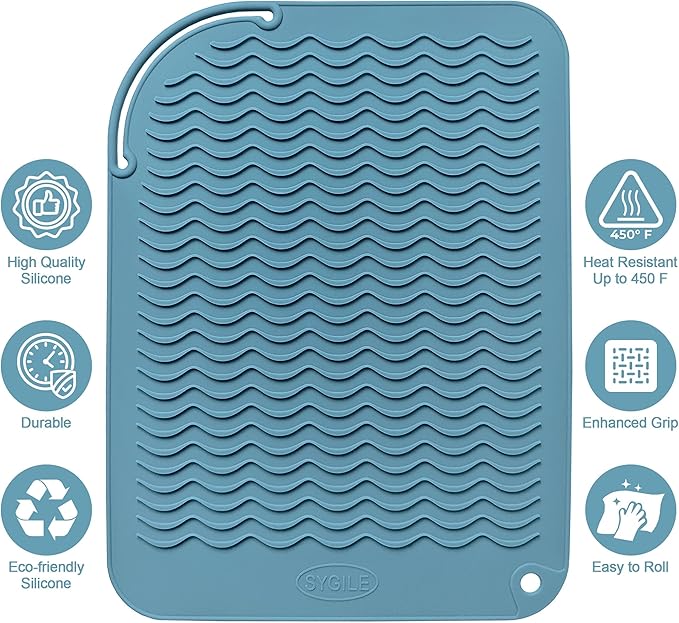 12" X 9" Large Heat Resistant Silicone Mat for Hair Styling Tools, Curling Iron Mat, Flat Iron Holder, Hair Straightener Pad, Makeup Mat, Hot Tools Mat for Travel Vanity Salon - Dusty Blue