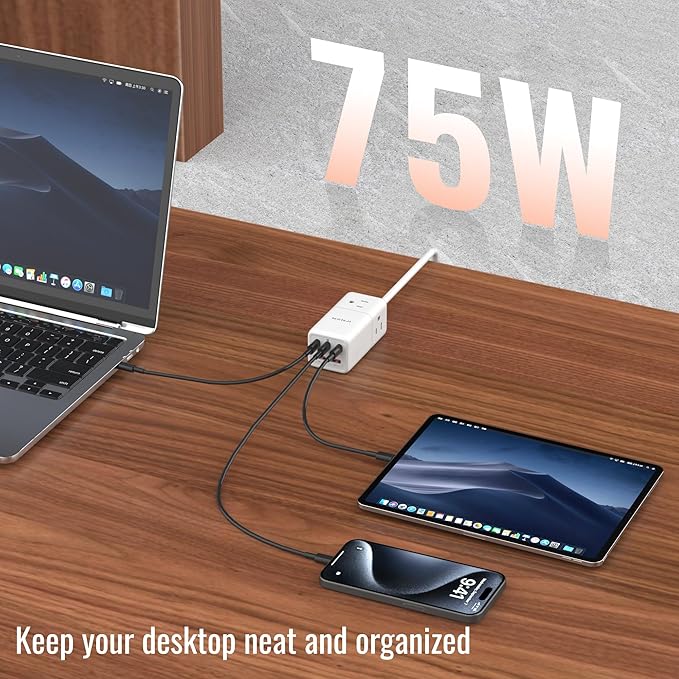 NENJI 75W GaN USB-C Super Fast Charging Station, 8-in-1 Power Strip - Image 6