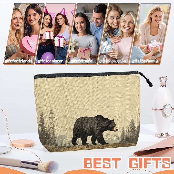 Cosmetic Bags Travel Makeup Toilet Case Waterproof Pouch for Women Girls 6.7X9.45inches - Black Bear Walking in A Mountainous Forest Landscape