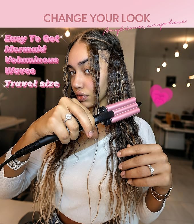 Farery Mini 3 Barrel Hair Waver - Portable Beach Wave Curling Iron for Short Hair, 1/2 Inch Ceramic Crimper with 3 Temp Settings & 30s Fast Heating, Dual Voltage Travel Hair Waver for Women, Pink